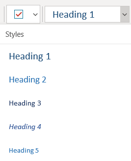 Menyn Formatmallar med olika rubrikformat i OneNote för Windows 10.
