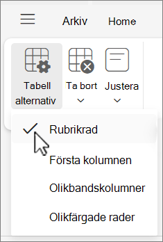 Menyn Tabellalternativ med alternativet Rubrikrad markerat i Outlook på webben.