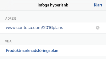 Kommandot Länk som visar URL (adress) och text som ska visas
