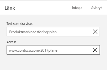 Kommandot Länk som visar text som ska visas och adress