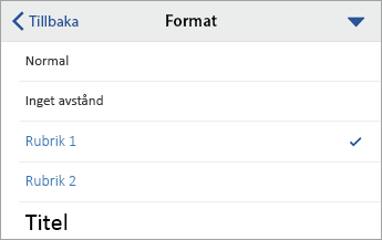 Kommandot Format, med Rubrik 1 markerat
