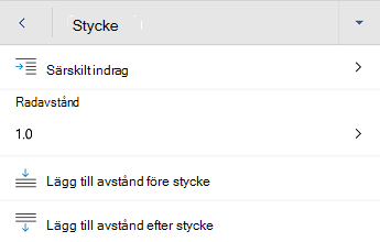 Word för Android styckeformateringsmeny