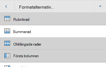menyn Word för Android tabellformatsalternativ