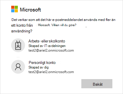 Inloggningsskärm med två e-postadresser