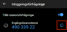 Ett engångslösenord som visas på fliken Authenticator i Outlook Mobile