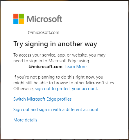 meddelande som visas när webbläsarinloggning i Edge krävs