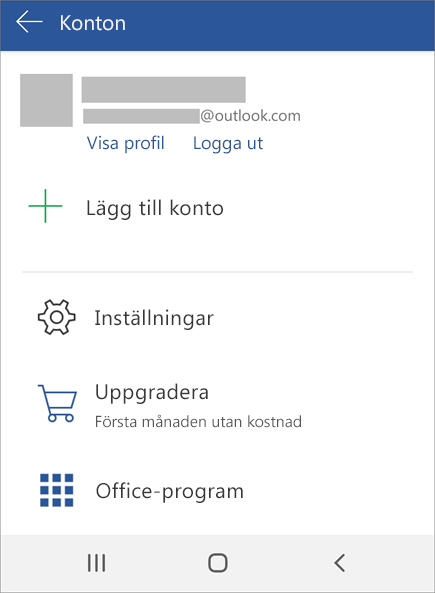 Visar alternativet för att logga ut från Office på en Android-enhet