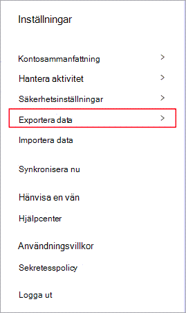 Inställningsmenyn för Dashlane med Exportera data markerat.