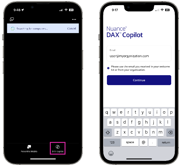 On left, PowerMic Mobile screen with DAX Copilot in tab bar highlighted. On right, DAX Copilot login screen with email address entered.