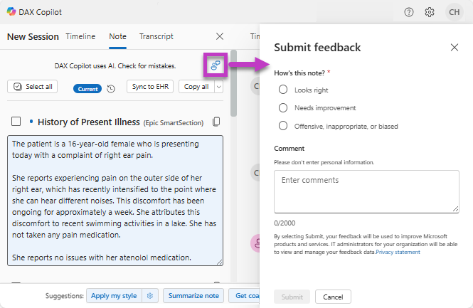 Image highlights with arrow and callout showing Submitting feedback
