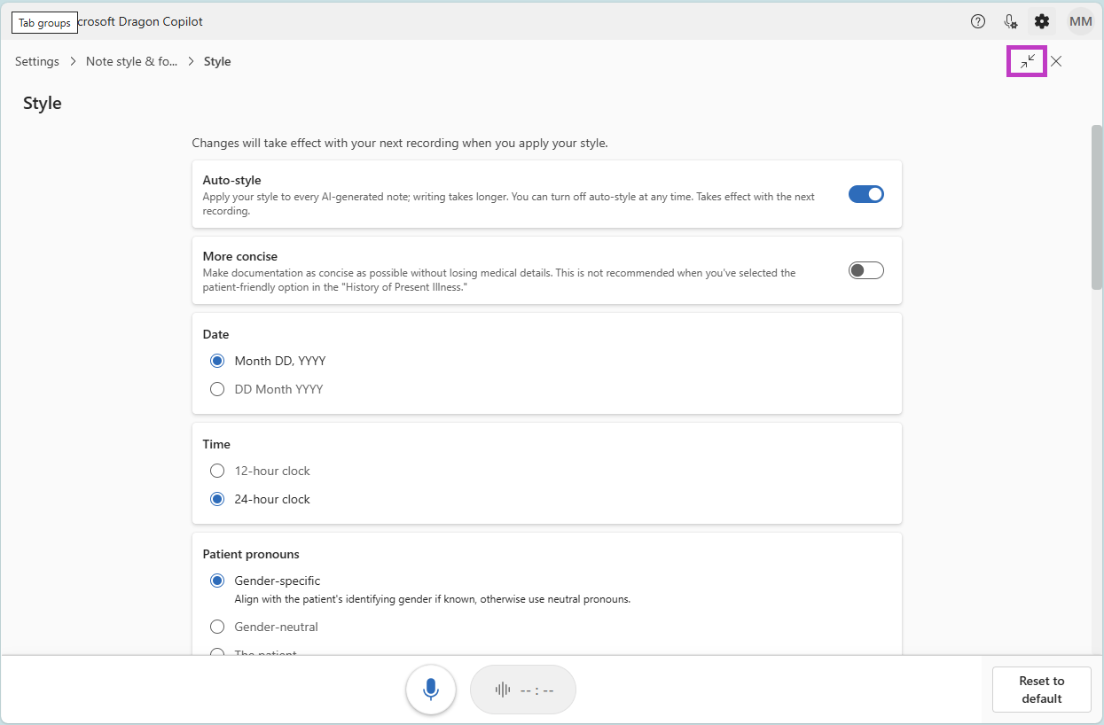 The Style settings screen highlighting the expand icon.