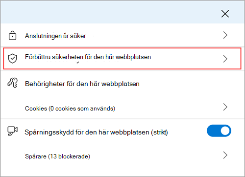 Microsoft Edge webbplatsinformationsmeny som visar funktionen Förbättra säkerheten för den här webbplatsen.