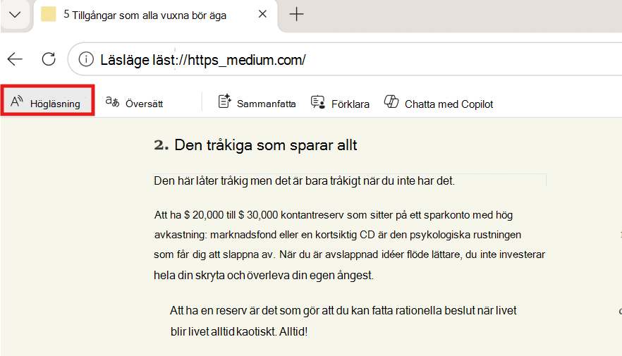 Skärmbild av uppläst.