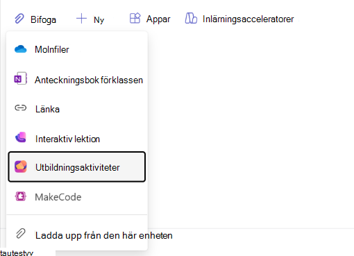 Skärmbild av navigering med inlärningsaktiviteter.