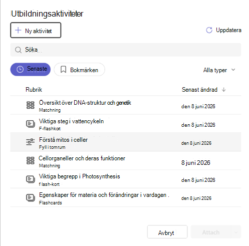 Skärmbild av hur du bifogar en inlärningsaktivitet.