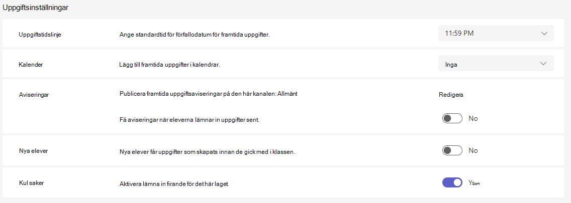 Skärmbild av uppgiftsinställningar.