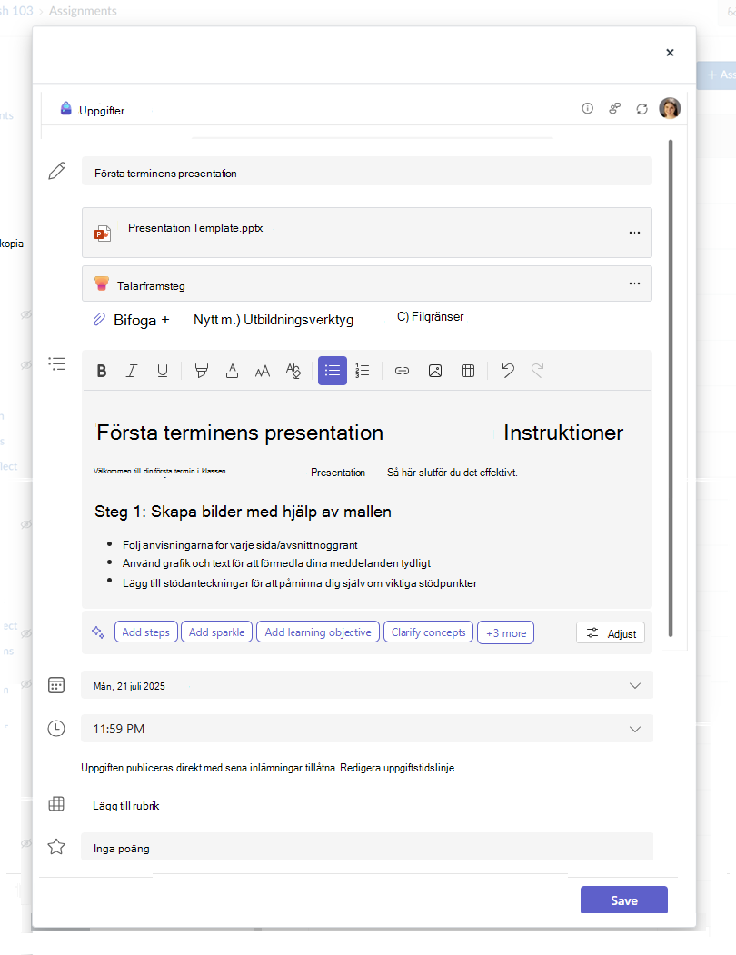 Dialogrutan Skapa Microsoft-uppgift med text