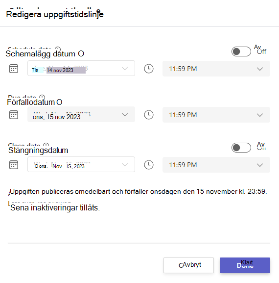 Skärmbild av redigering av uppgiftstidslinje.