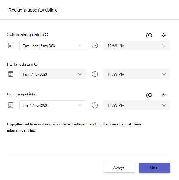 Skärmbild som visar redigera uppgiftstidslinje