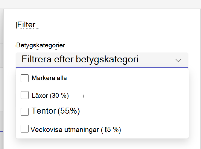 Visar utökade betygskategorier i uppgiftslistan