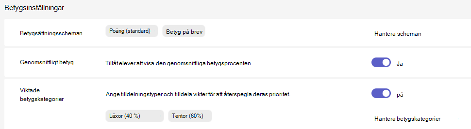 Inställningar för betyg