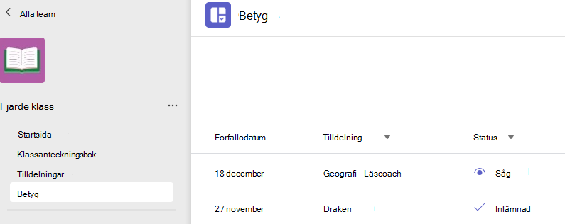 Skärmbild som visar betyg