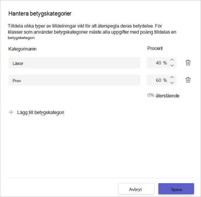 Skärmbild av fönstret för betygskategorier med 2 kategorier, läxor för 40 % och prov för 60 %