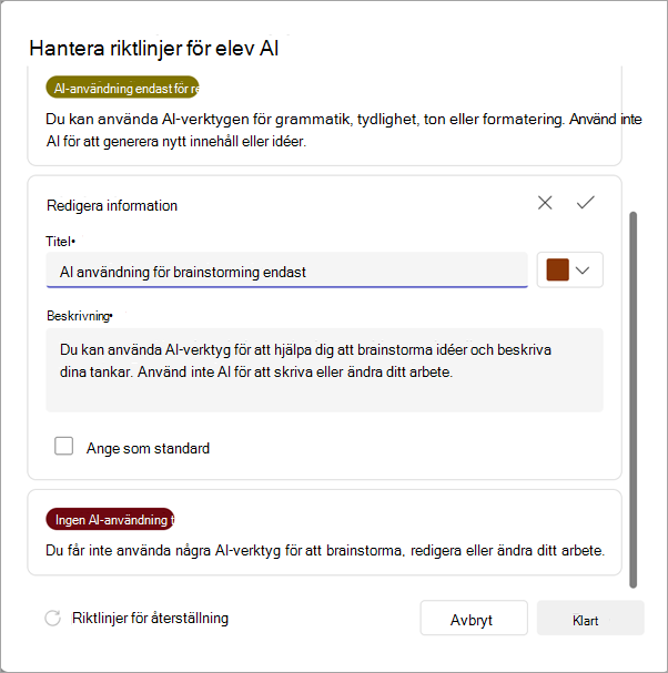 Skärmbild av alternativ för hantering av ai-riktlinjer.