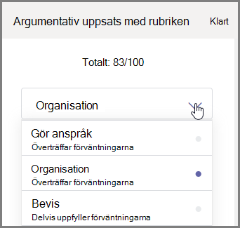 Välj den del av elevuppgiften som ska betygsättas