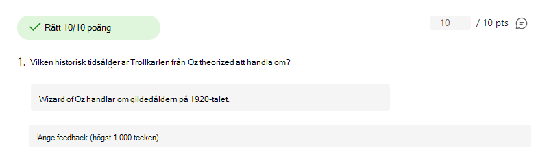 Skärmbild av korrekt besvarad fråga.