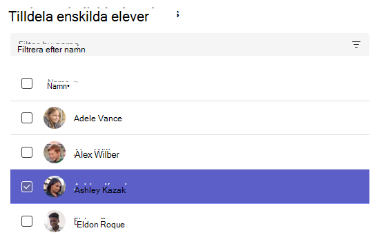 Skärmbild av tilldelning till enskilda elever.