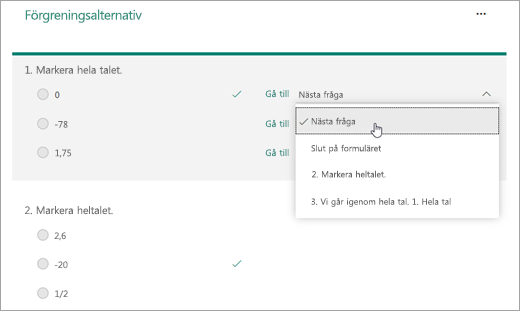 Skärmbild av val av en fråga som du vill skapa branchning för.