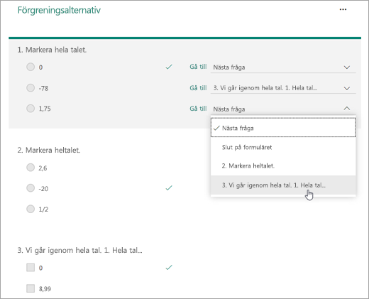Skärmbild av förgreningsfråga.
