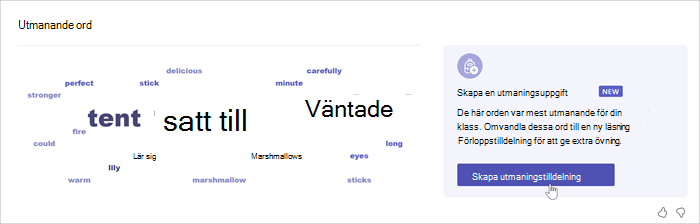 Skärmbild som visar ett ordmoln som visar vilka ord eleverna läste fel mest. Ju större ord desto fler gånger eleverna gör ett fel. En mus hovrar över ordet synligt och ett popup-fönster visar att ordet missades 52 gånger.
