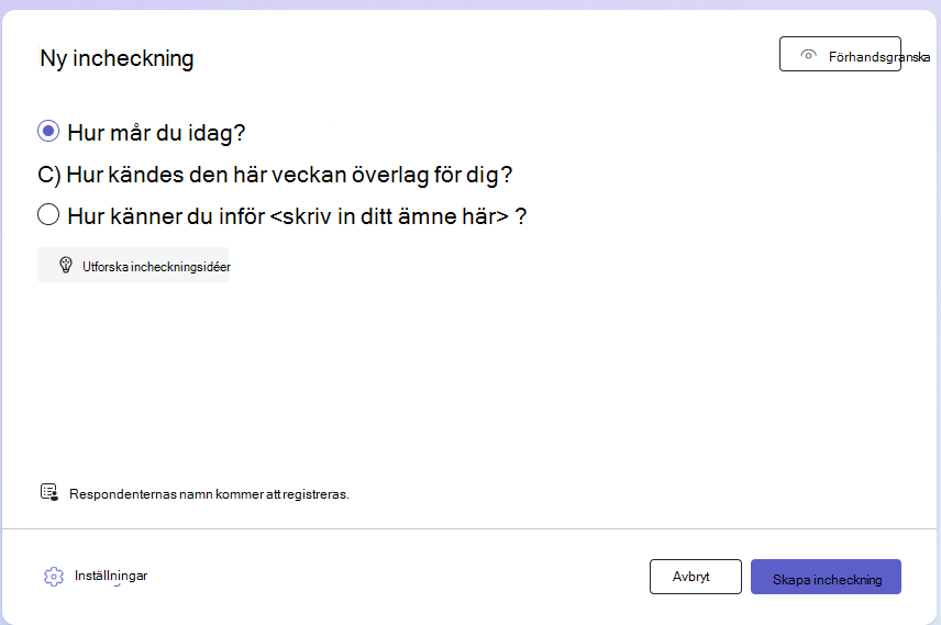 Skärmbild av ny incheckning.
