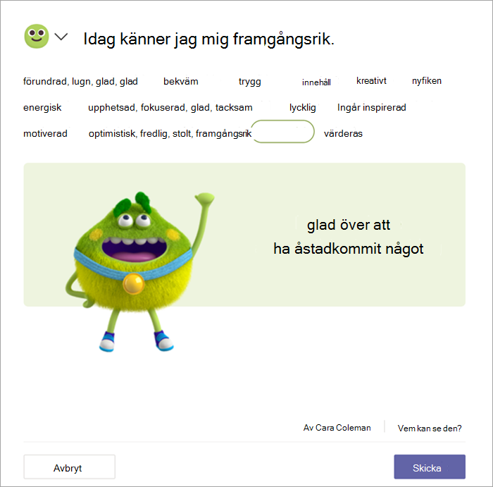 Ett grönt känslomonster med en guldmedalj pumpar näven i luften. Eleven har markerat ordet Lyckades