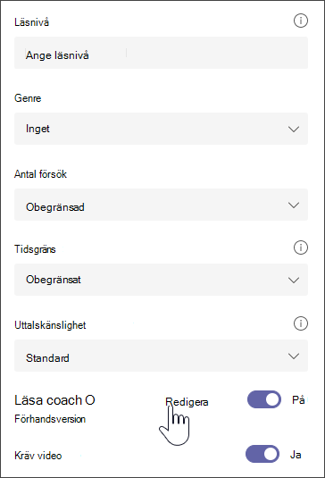 skärmbild av det markerade avsnittet, med ytterligare alternativ för att ändra tilldelningen