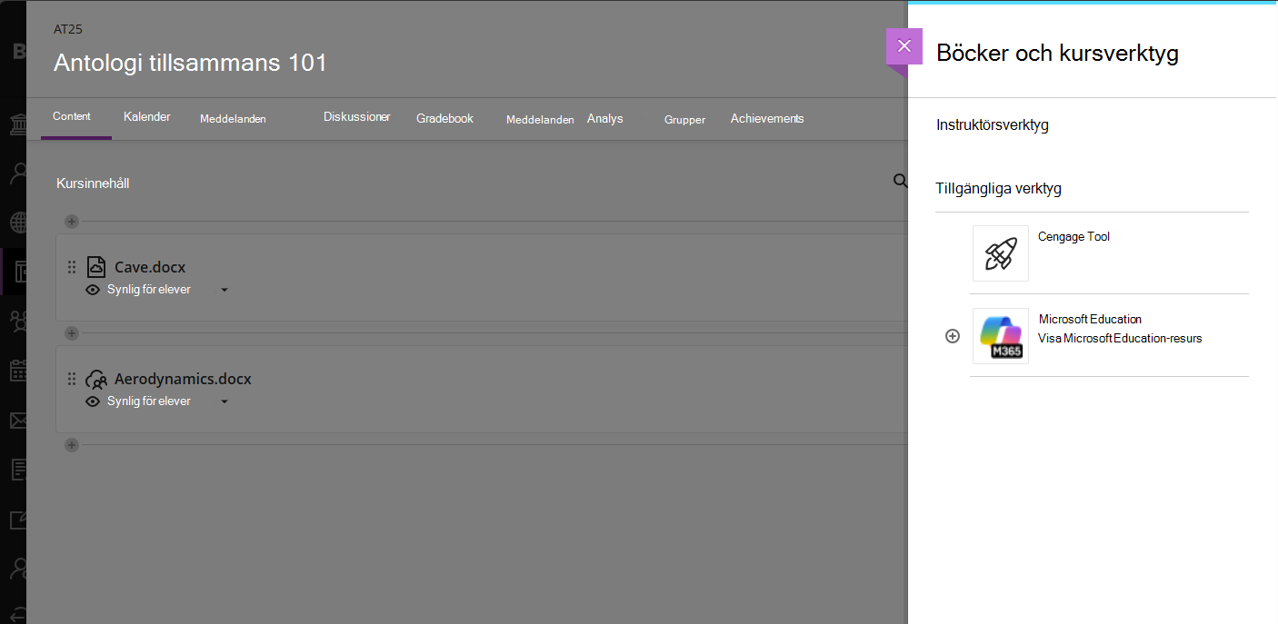 Blackboard Böcker och verktyg Microsoft Education-urval