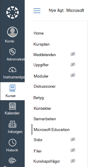Välj Microsoft Education i Canvas kursnavigeringsmeny