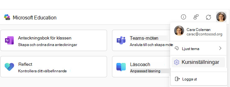 Menyobjekt för kursinställningar