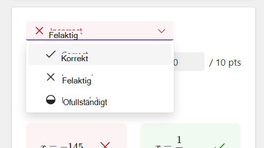 Skärmbild av svarsalternativ.