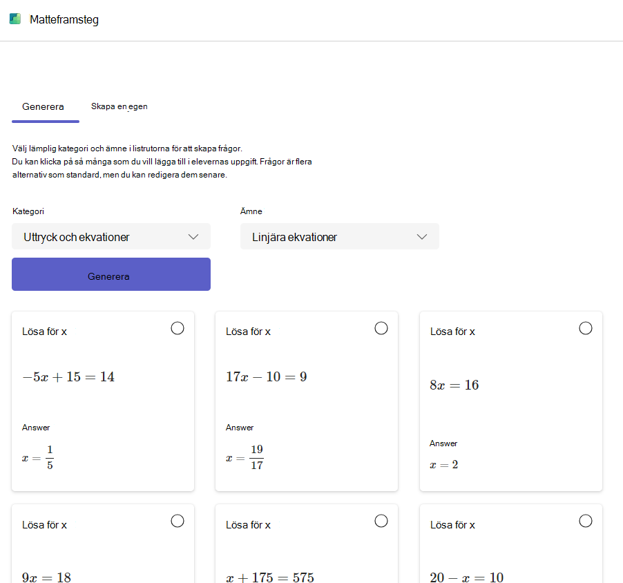 Skärmbild av matematikstatus.