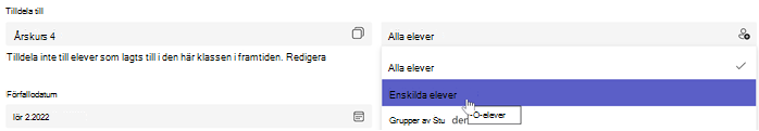 Skärmbild av skapande av uppgifter med val av tilldela till: enskilda elever