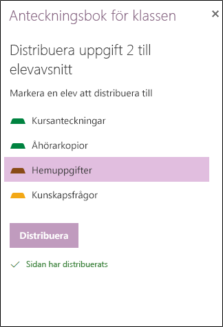 Exempel på distribuerad tilldelning i OneNote för webben