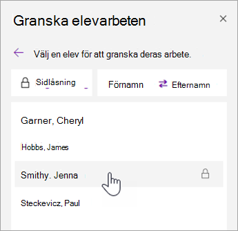 Skärmbild av namnsortering.