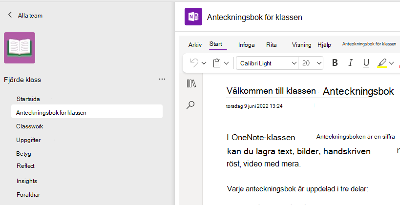 Skärmbild av hur du konfigurerar anteckningsbok för klassen.