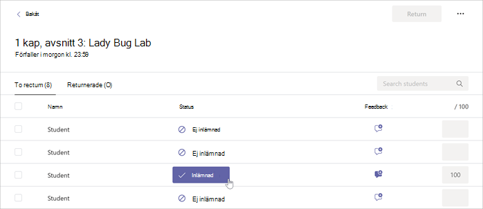 Markören hovrar över knappen Inlämnad i en markerad uppgift i Microsoft Teams.