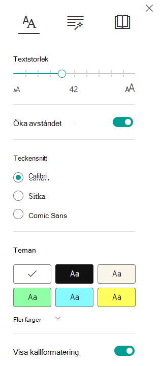 Skärmbild av textalternativ.