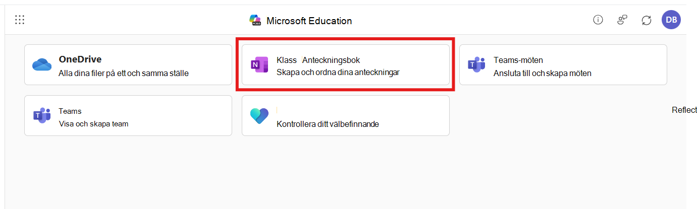 Skärmbild av appen Microsoft 365 LTI med Anteckningsbok för klassen markerat