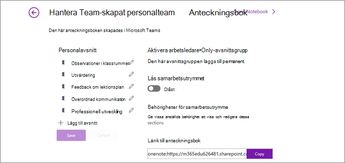 Skärmbild av hanteringssidan för inställningar för Anteckningsbok för lärare i OneNote.